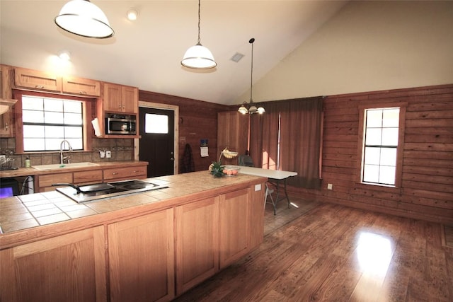 kitchen featuring sink, appliances with stainless steel finishes, wooden walls, dark hardwood / wood-style floors, and pendant lighting