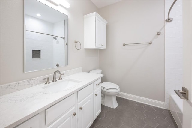 full bathroom with tile patterned flooring, vanity, toilet, and washtub / shower combination