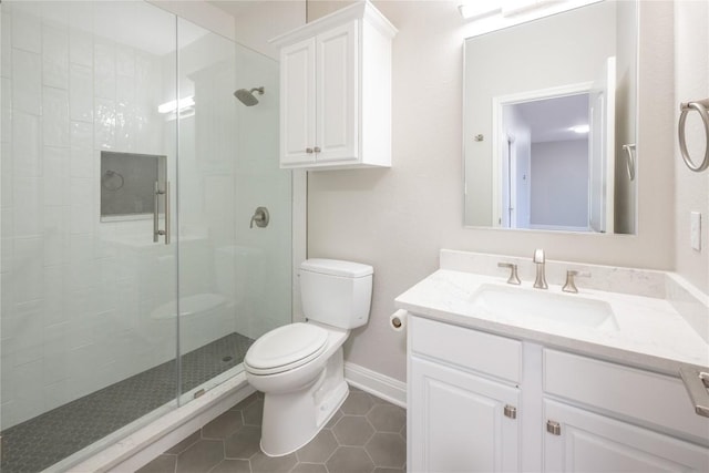 bathroom with tile patterned flooring, vanity, toilet, and a shower with door