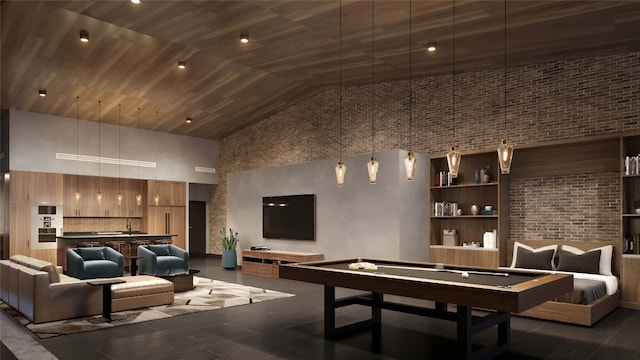 game room featuring high vaulted ceiling, dark tile patterned floors, and billiards