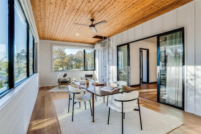 sunroom featuring ceiling fan, wood ceiling, and french doors