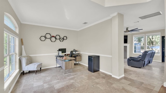 home office with ceiling fan and ornamental molding