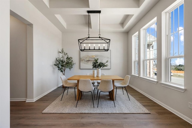 dining space featuring coffered ceiling, baseboards, and wood finished floors