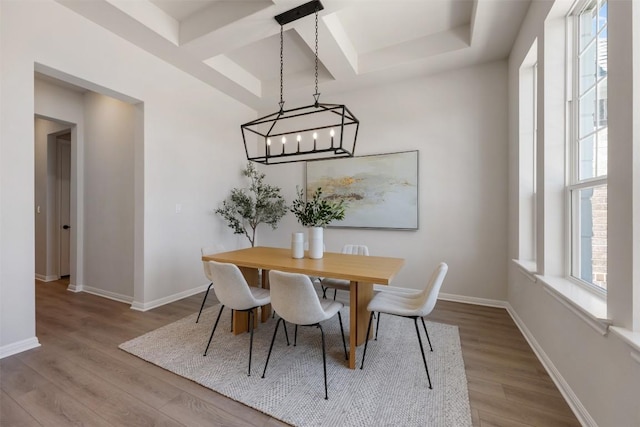 dining space with coffered ceiling, wood finished floors, beam ceiling, and baseboards