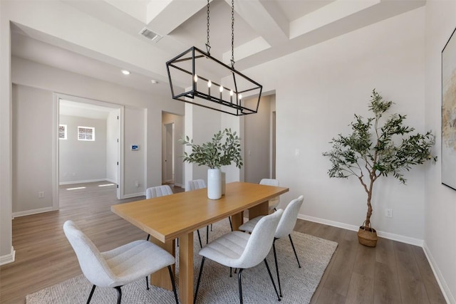 dining room featuring baseboards, visible vents, coffered ceiling, wood finished floors, and beamed ceiling