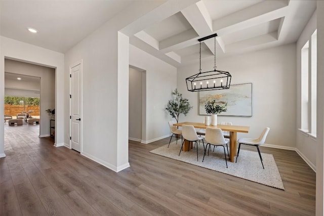 dining room with baseboards, coffered ceiling, beamed ceiling, wood finished floors, and recessed lighting