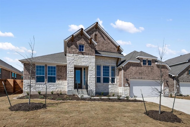 view of front of house with stone siding, concrete driveway, brick siding, and a garage