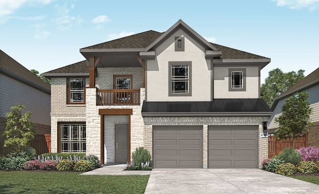 view of front facade with a balcony, a front yard, and a garage