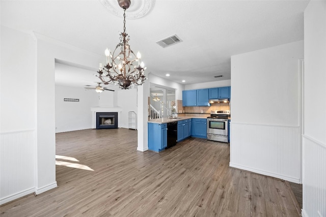 kitchen with black dishwasher, light hardwood / wood-style flooring, stainless steel electric range oven, and blue cabinets