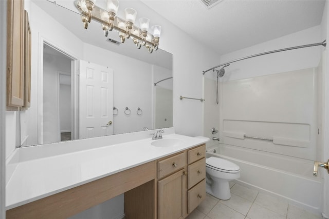 full bathroom with tile patterned floors, shower / bathing tub combination, a textured ceiling, toilet, and vanity