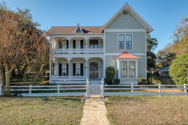 victorian home featuring covered porch, a balcony, and a front yard