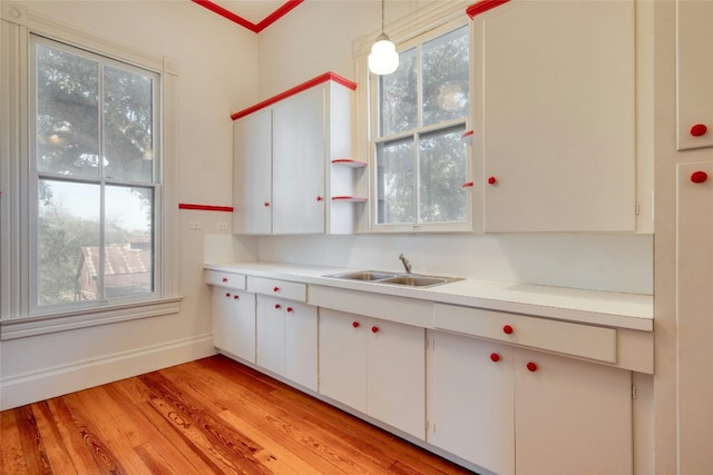 kitchen with light hardwood / wood-style floors, hanging light fixtures, a healthy amount of sunlight, and sink