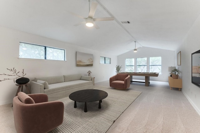 carpeted living room featuring ceiling fan, billiards, and lofted ceiling