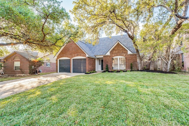 view of front of property with a front lawn and a garage