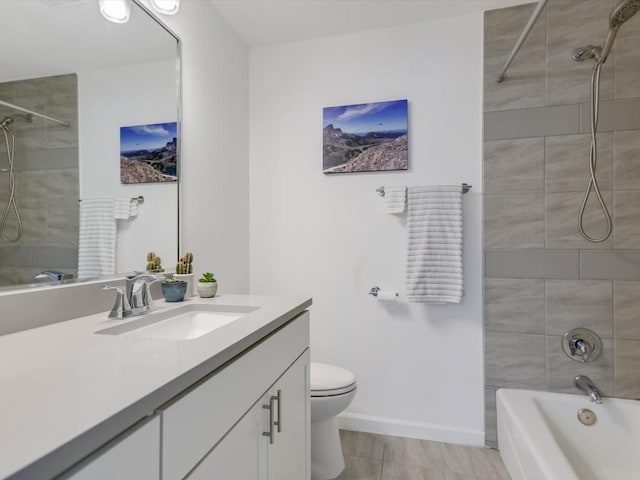 full bathroom featuring tile patterned flooring, vanity, toilet, and tiled shower / bath