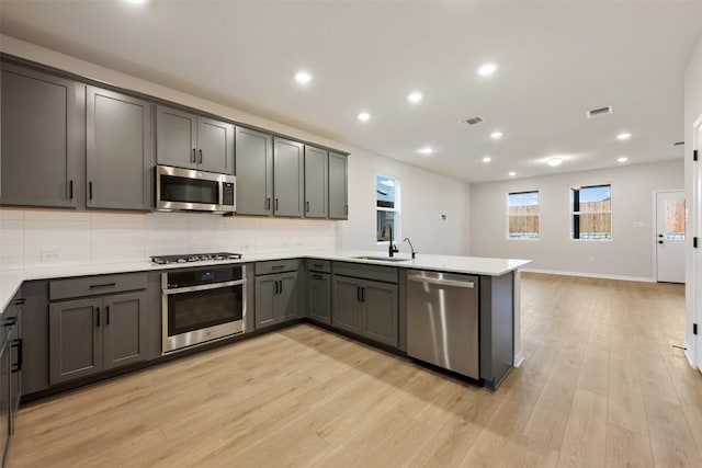 727 Palo Brea Loop, Hutto, TX 78634 - kitchen featuring appliances with stainless steel finishes, a sink, a peninsula, decorative backsplash, and light wood-style flooring