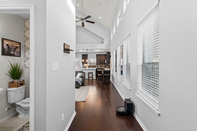 hallway with dark hardwood / wood-style floors and high vaulted ceiling