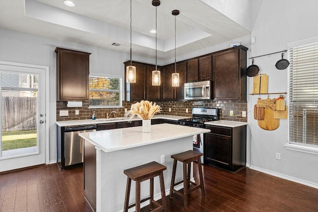 kitchen with appliances with stainless steel finishes, tasteful backsplash, a raised ceiling, decorative light fixtures, and a center island