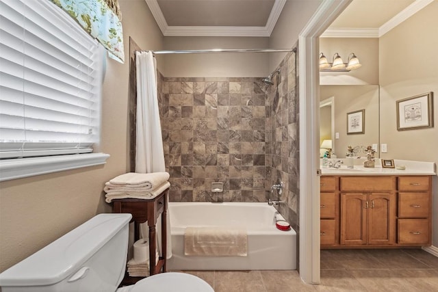 full bathroom featuring vanity, tile patterned floors, shower / bath combination with curtain, toilet, and ornamental molding