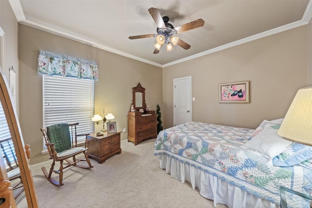 bedroom featuring light carpet, multiple windows, and ceiling fan