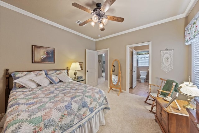 bedroom with light carpet, ensuite bathroom, ceiling fan, and crown molding