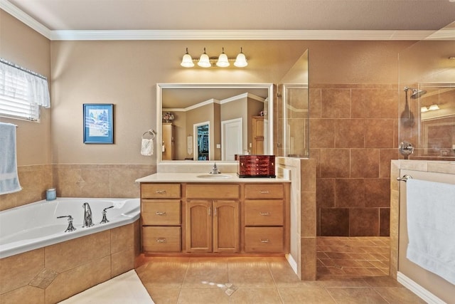 bathroom with ornamental molding, vanity, tile patterned floors, and independent shower and bath