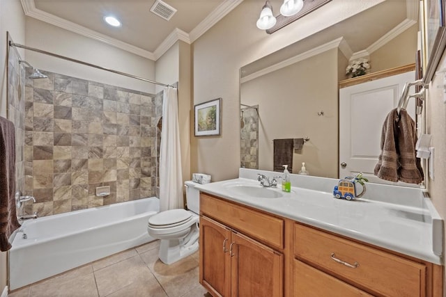 full bathroom featuring ornamental molding, vanity, shower / bath combo with shower curtain, tile patterned flooring, and toilet