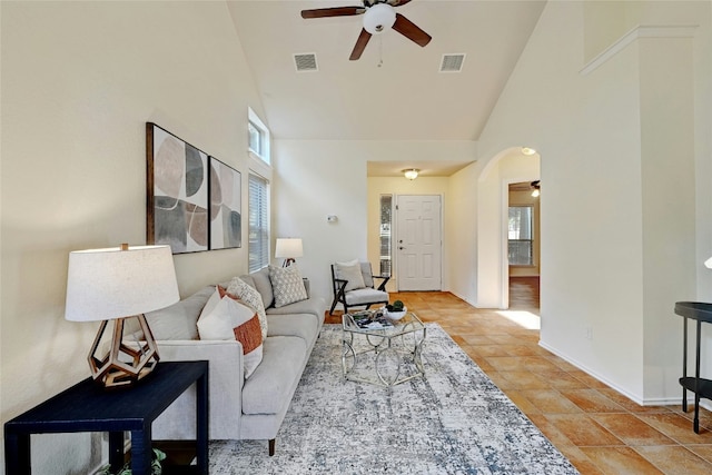 living room featuring ceiling fan, high vaulted ceiling, and a healthy amount of sunlight