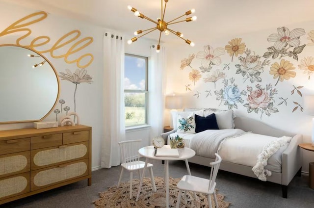 carpeted bedroom featuring a chandelier