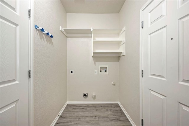 washroom with electric dryer hookup, gas dryer hookup, hookup for a washing machine, and light hardwood / wood-style floors