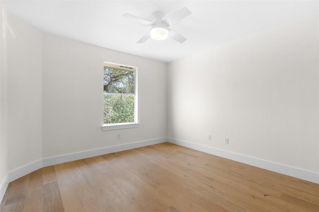 empty room with ceiling fan and light hardwood / wood-style flooring