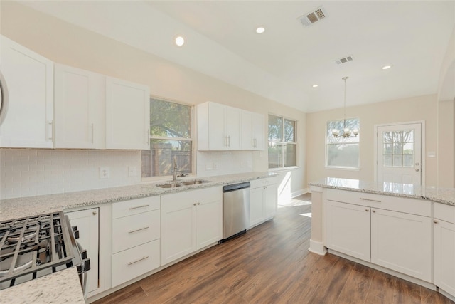 kitchen featuring appliances with stainless steel finishes, plenty of natural light, dark wood-type flooring, and sink