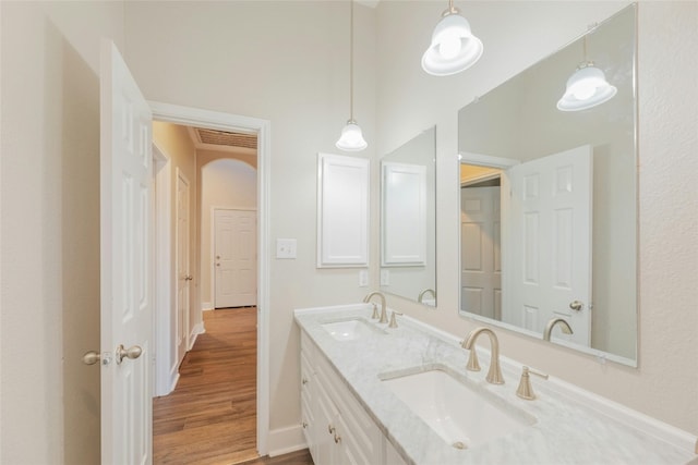 bathroom with vanity and wood-type flooring