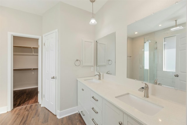 bathroom featuring hardwood / wood-style floors, vanity, and a shower with shower door