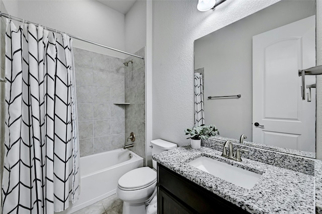 full bathroom with shower / tub combo, tile patterned flooring, vanity, and toilet