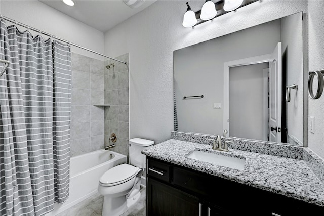 full bathroom with toilet, vanity, and shower / bath combo with shower curtain