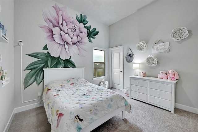 bedroom featuring high vaulted ceiling and carpet