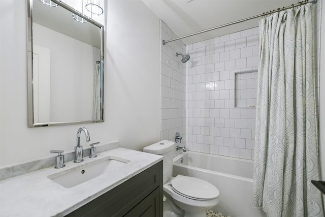 full bathroom featuring toilet, vanity, and shower / tub combo with curtain