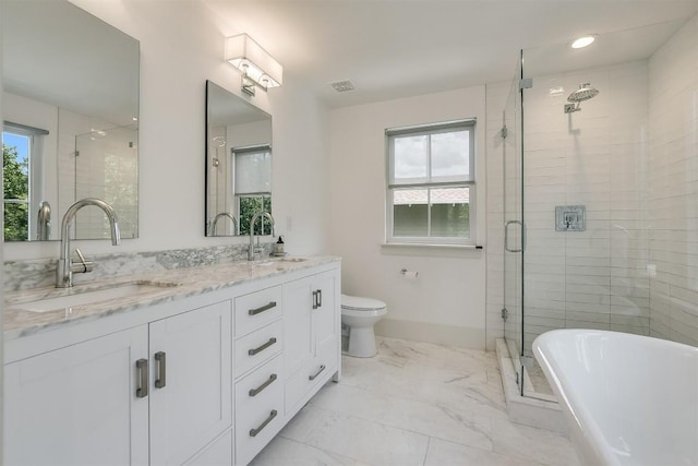 full bathroom with vanity, toilet, and independent shower and bath