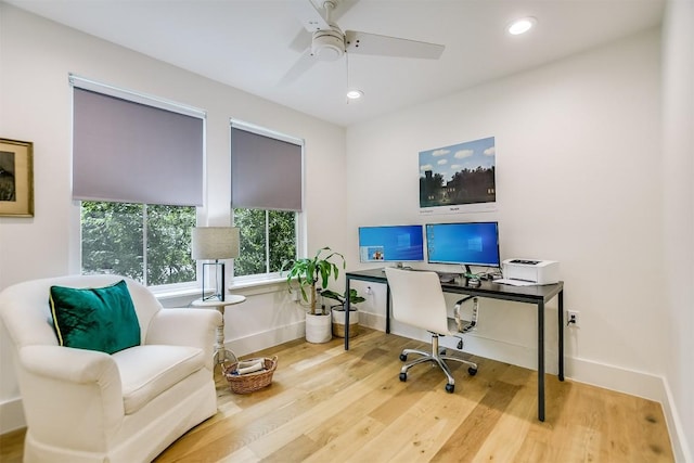 office featuring ceiling fan and hardwood / wood-style floors