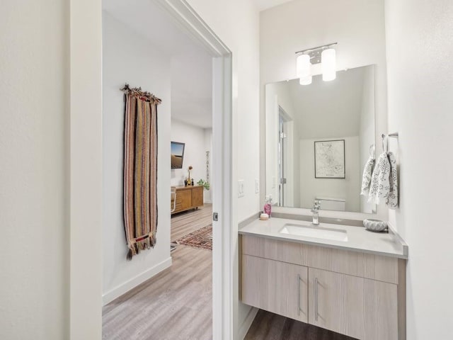 bathroom with hardwood / wood-style floors and vanity