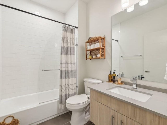 full bathroom featuring tile patterned flooring, vanity, shower / bath combination with curtain, and toilet