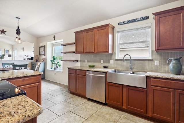 kitchen featuring backsplash, pendant lighting, sink, and stainless steel dishwasher