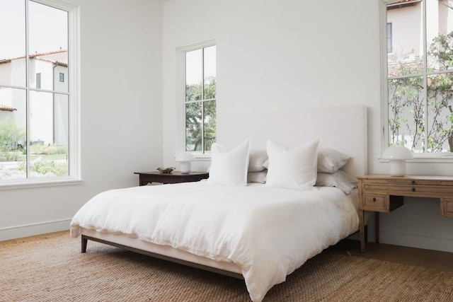 bedroom with multiple windows, baseboards, and wood finished floors