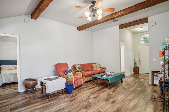 recreation room with hardwood / wood-style flooring, vaulted ceiling with beams, and ceiling fan