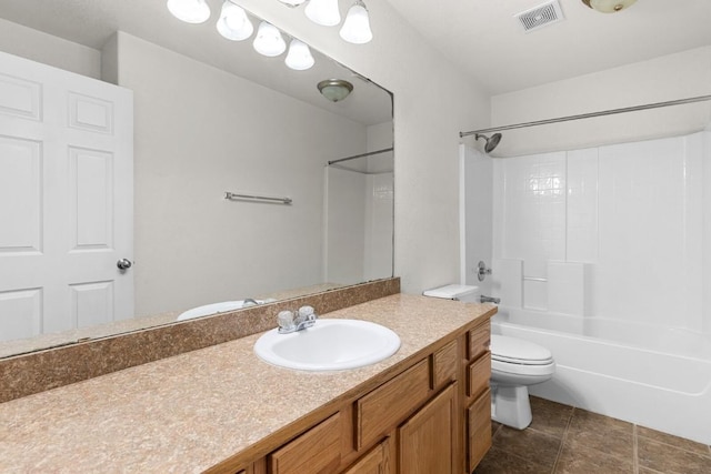 full bathroom featuring vanity, shower / bath combination, and toilet