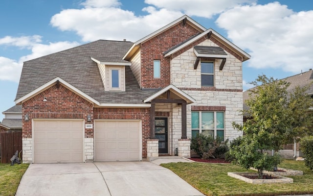 craftsman inspired home featuring a front yard and a garage