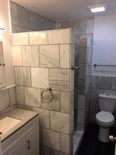 bathroom with vanity, toilet, and tile walls