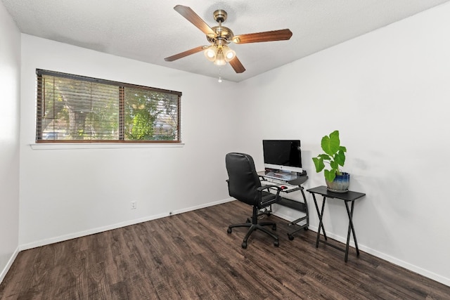 office featuring ceiling fan, dark hardwood / wood-style flooring, and a textured ceiling