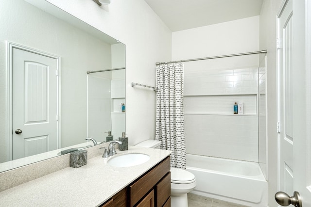 full bathroom with tile patterned floors, shower / bath combo with shower curtain, vanity, and toilet